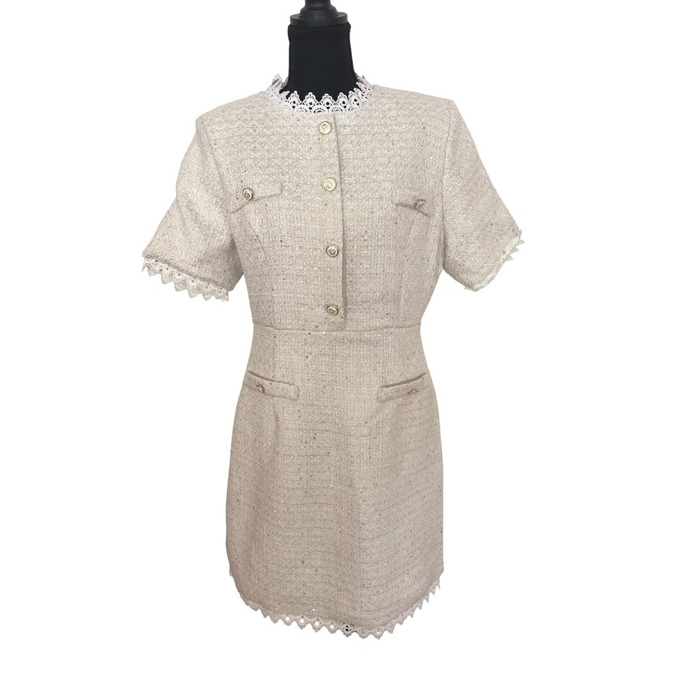 Anewsta Tweed Dress Women L Cream Gold Boucle Lace Trim Mini Old Money Chic NWT
